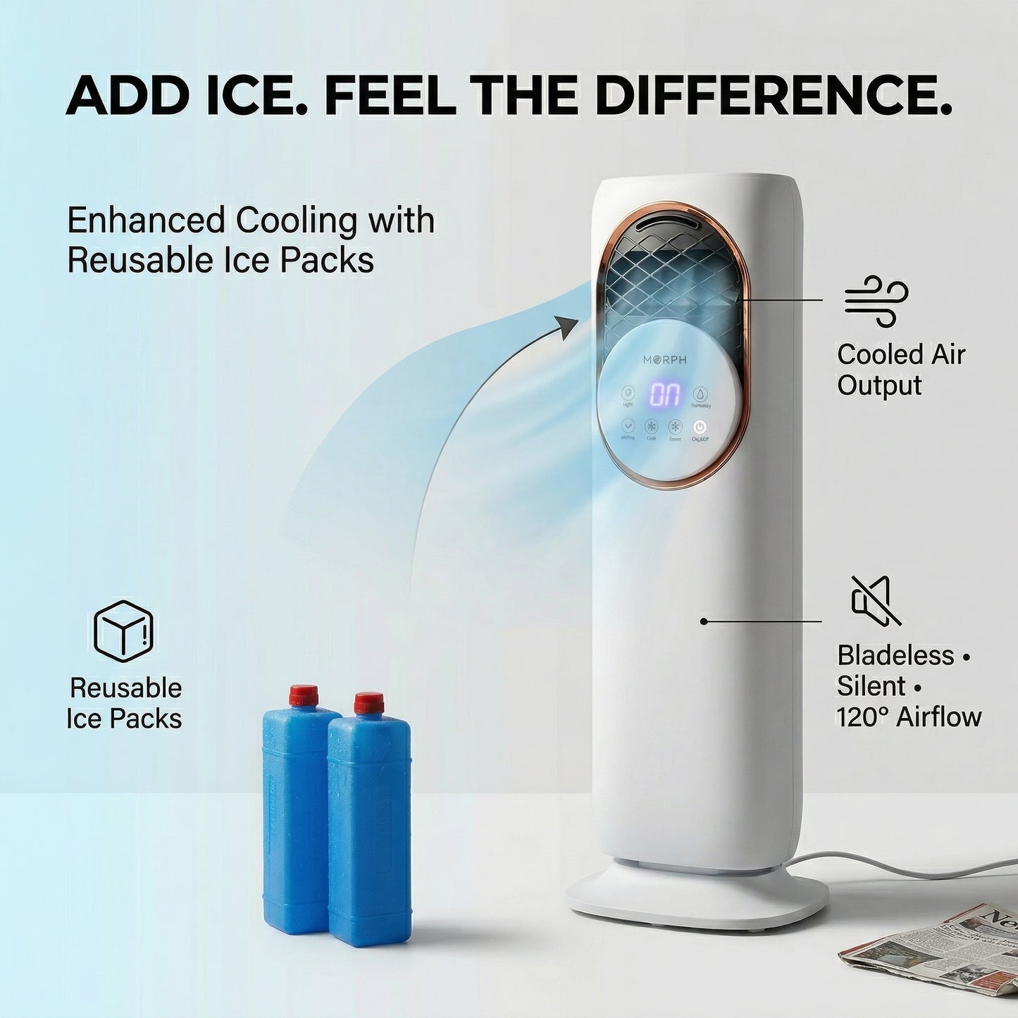 Morph Snow Fire Ice Cooling Fan with Ice Packs & Mist – Cold Air Tower Fan with Remote for All-Season Comfort