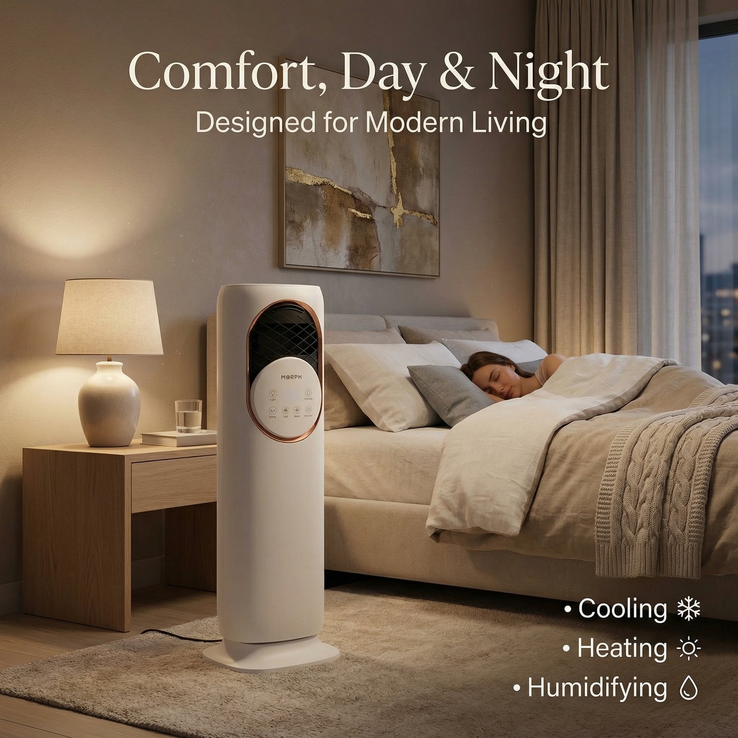Morph Snow Fire Ice Cooling Fan with Ice Packs & Mist – Cold Air Tower Fan with Remote for All-Season Comfort